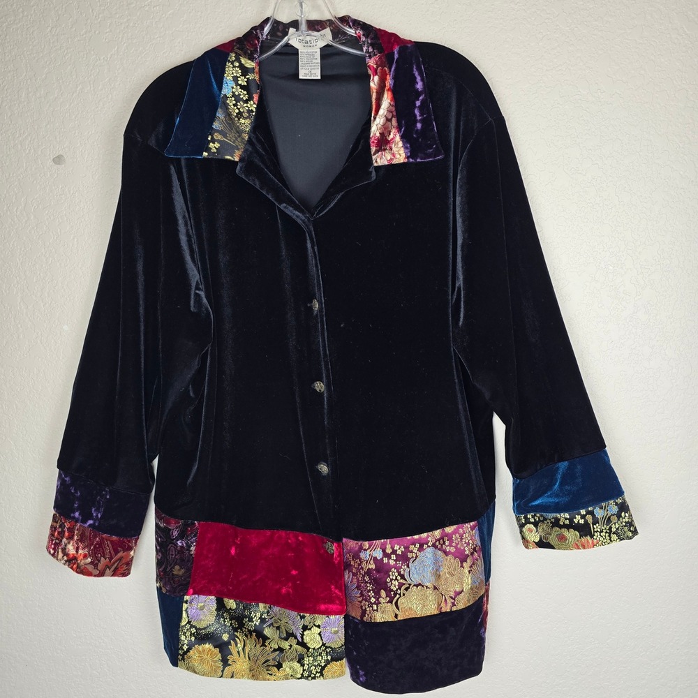 VTG Rotation Woman 1X Velvet Patchwork Jacket Shirt Jacquard Floral Whimsigoth